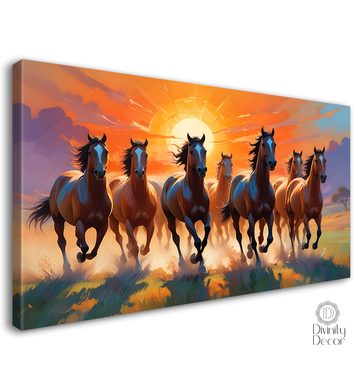 Brown running horses with sunrise textured background art Canvas Painting - Design - Horse-63