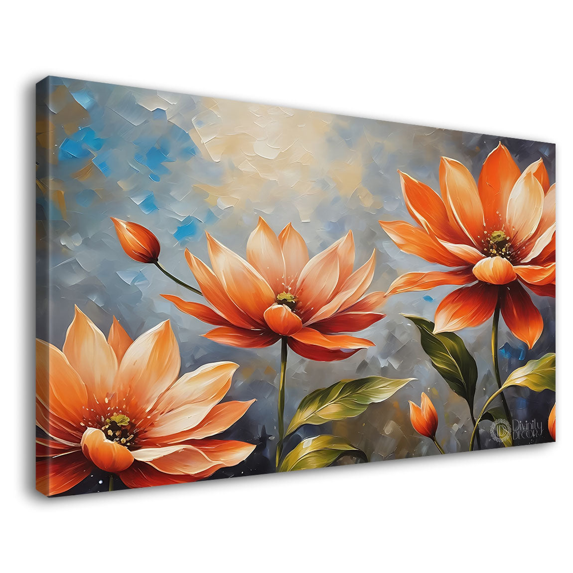 Orange flowers in grey background canvas painting- Flower-630