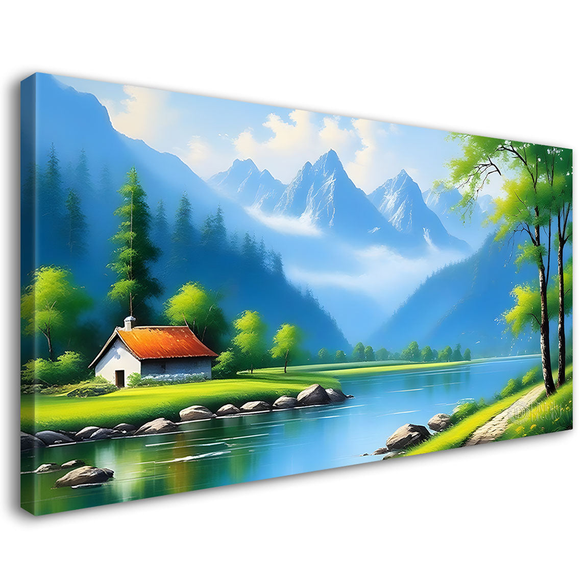 Mountains with greenery and house painting Canvas Painting - Nature Art -630