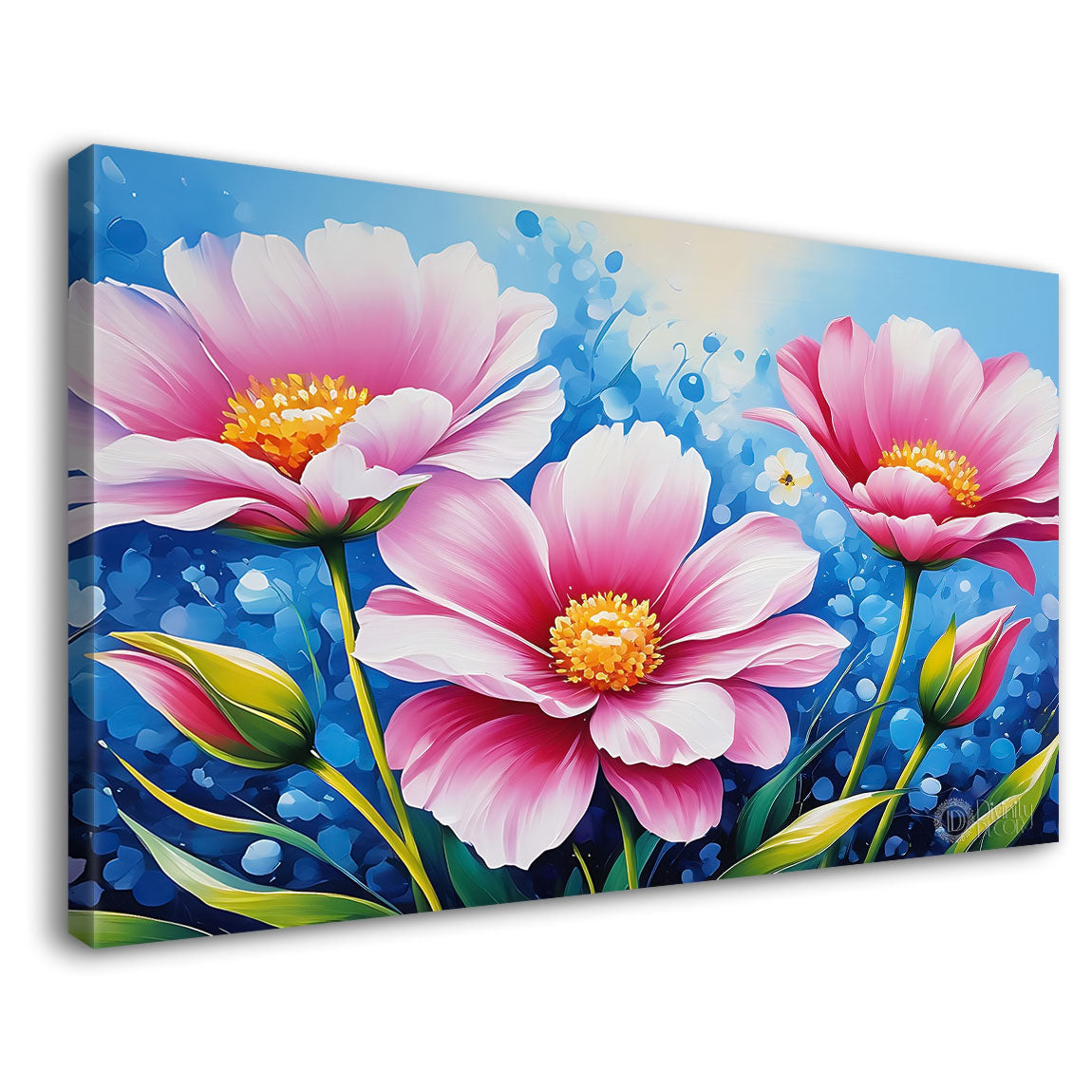 Pink flowers in sky blue background canvas painting- Flower-632