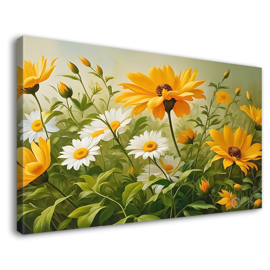 White and yellow flowers in grey background canvas painting- Flower-633