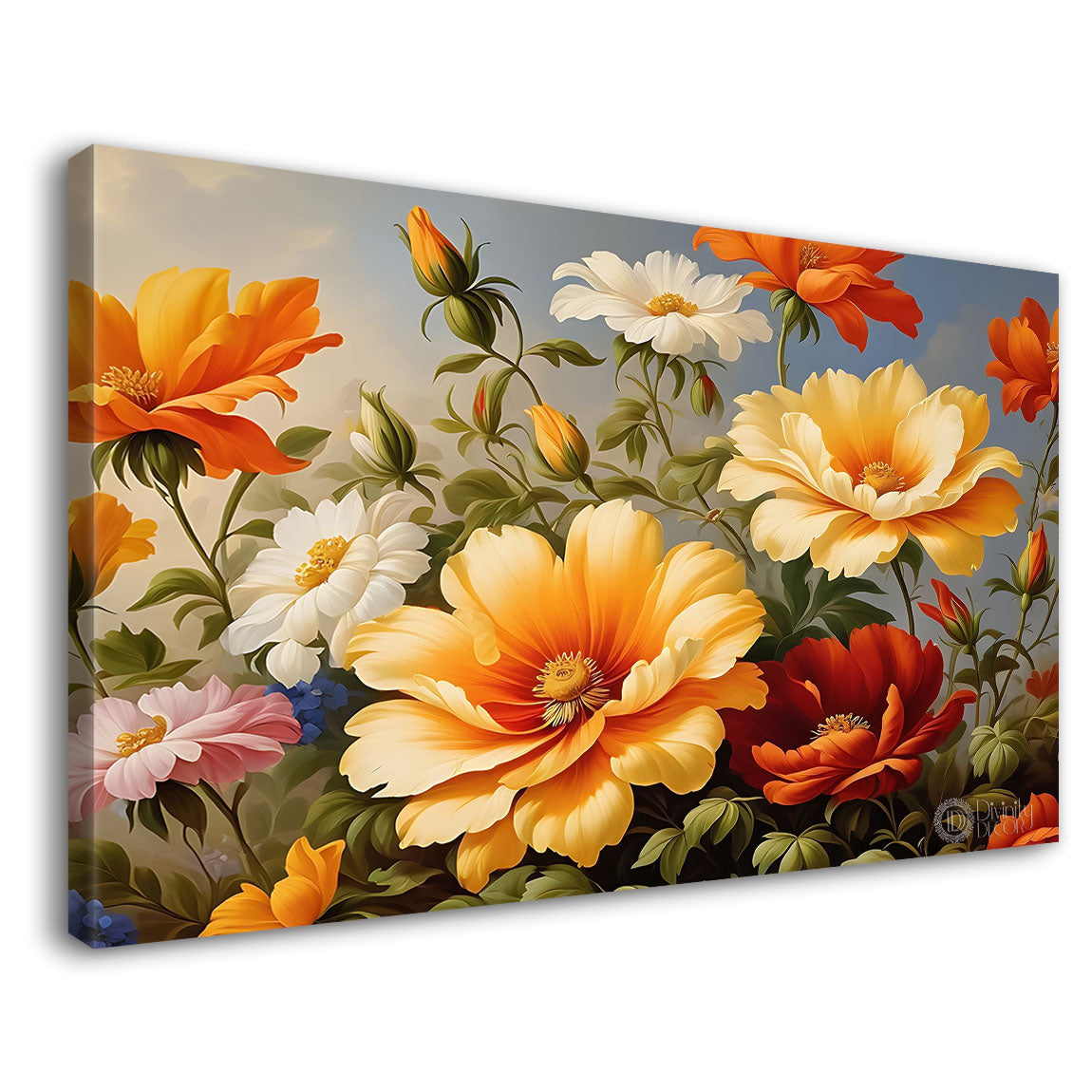 Colorful flowers in grey background canvas painting- Flower-634