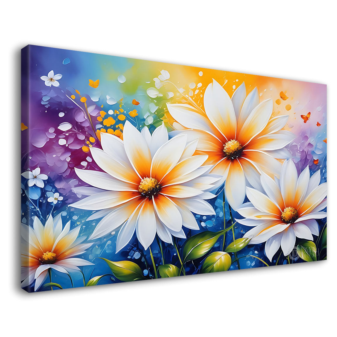 White flowers in colorful background canvas painting- Flower-635