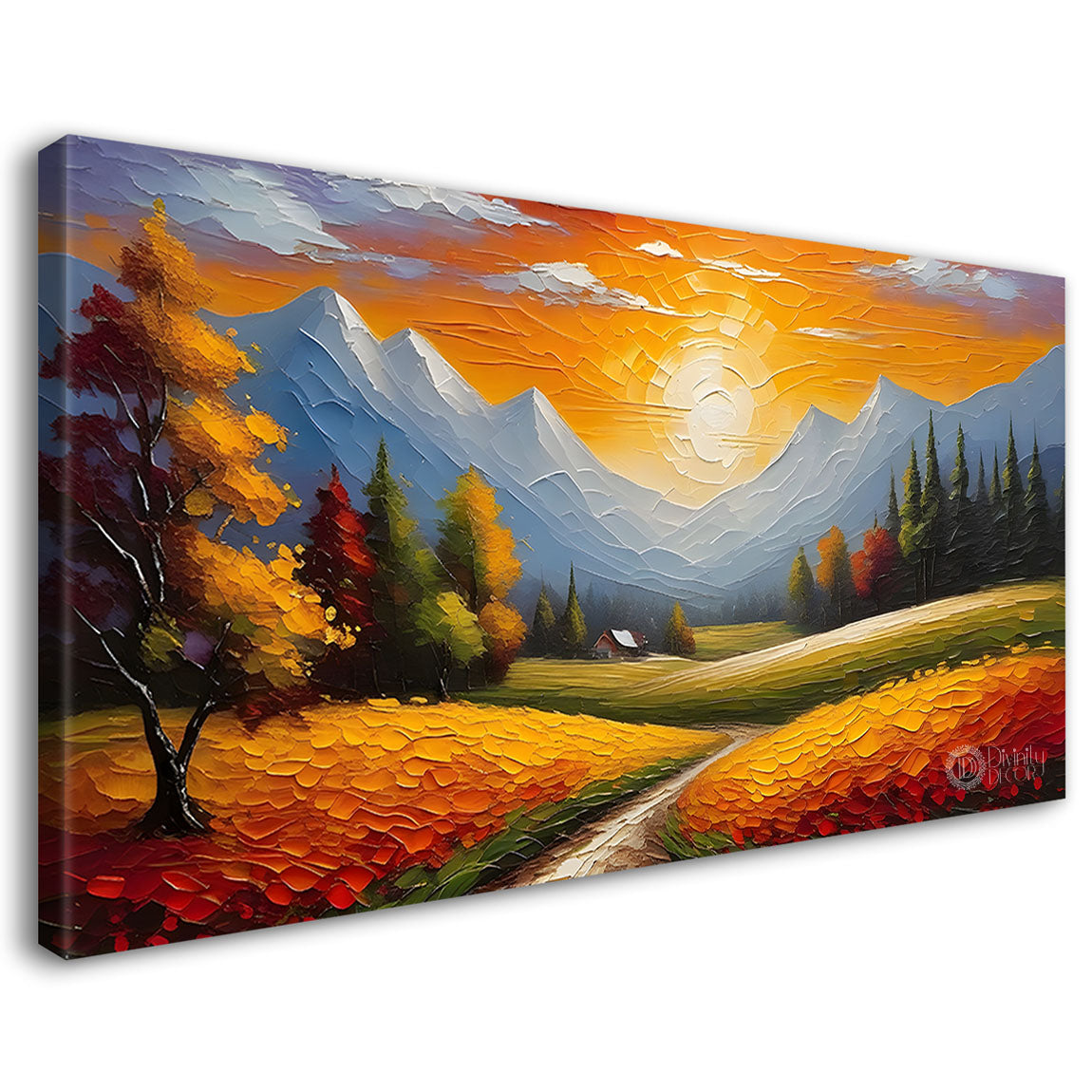 Mountains with trees and sunset painting Canvas Painting - Nature Art -635