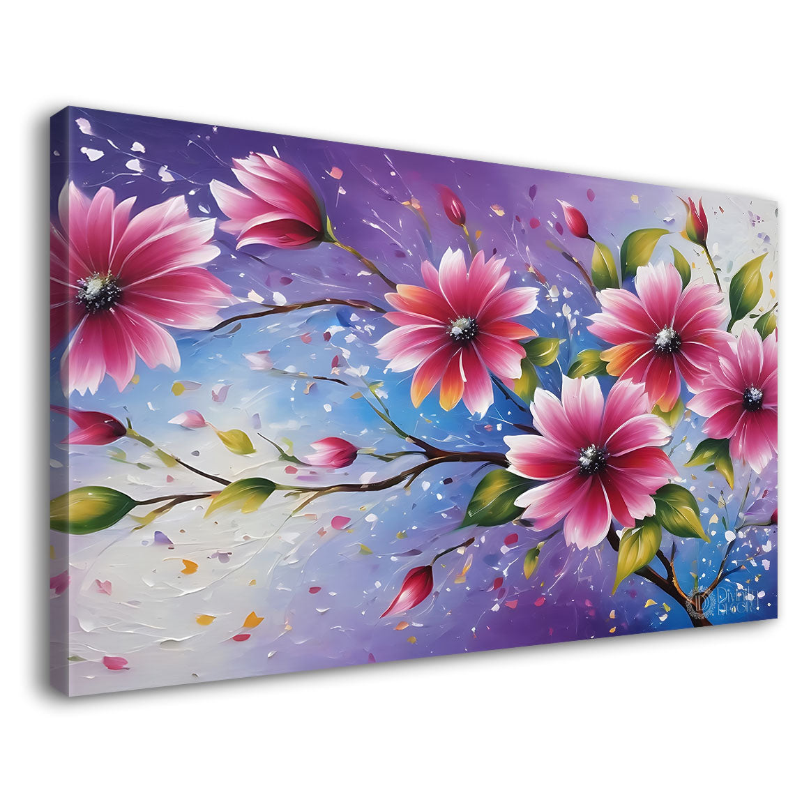 Pink flowers in purple background canvas painting- Flower-636