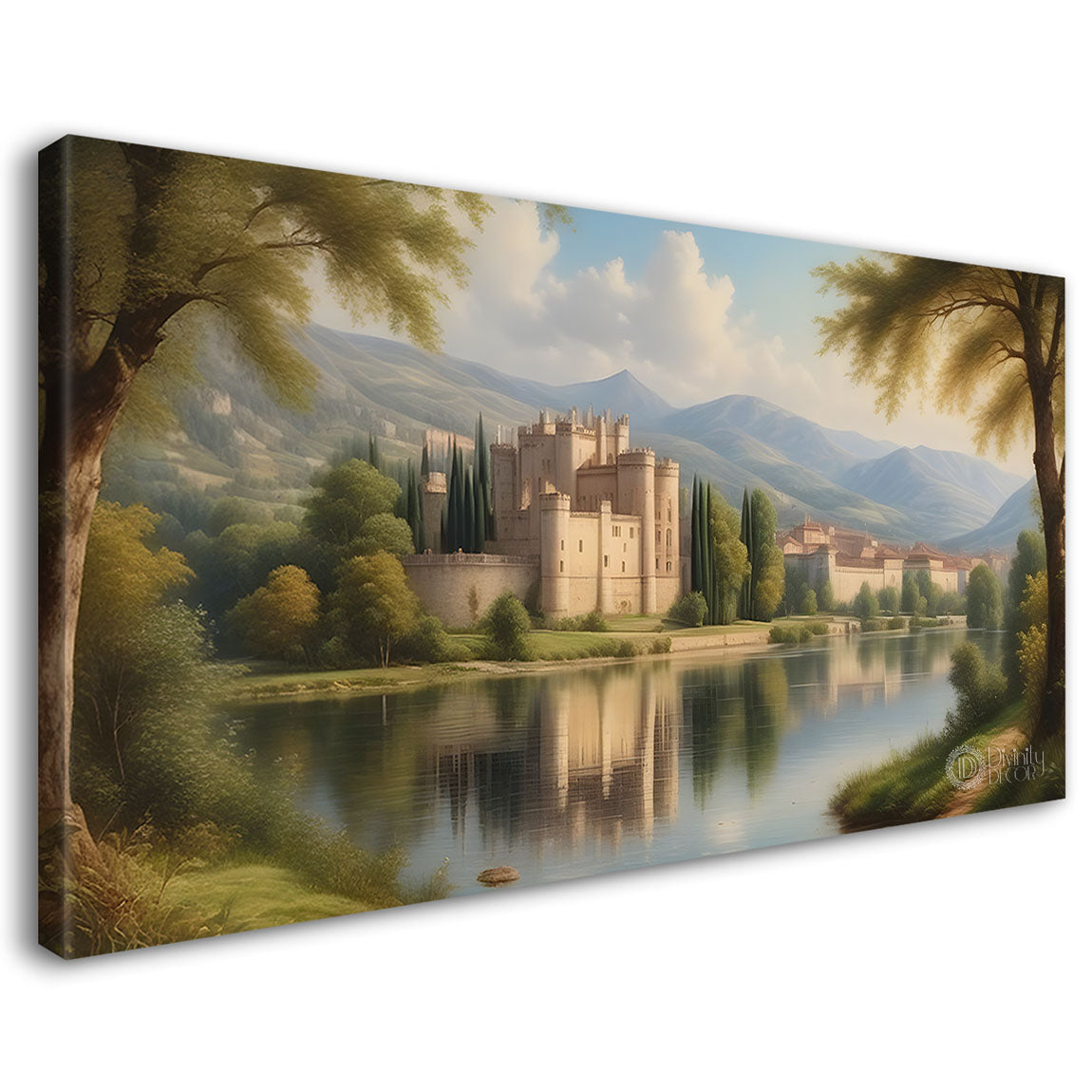 Castle in greenery with lake painting Canvas Painting - Nature Art -636