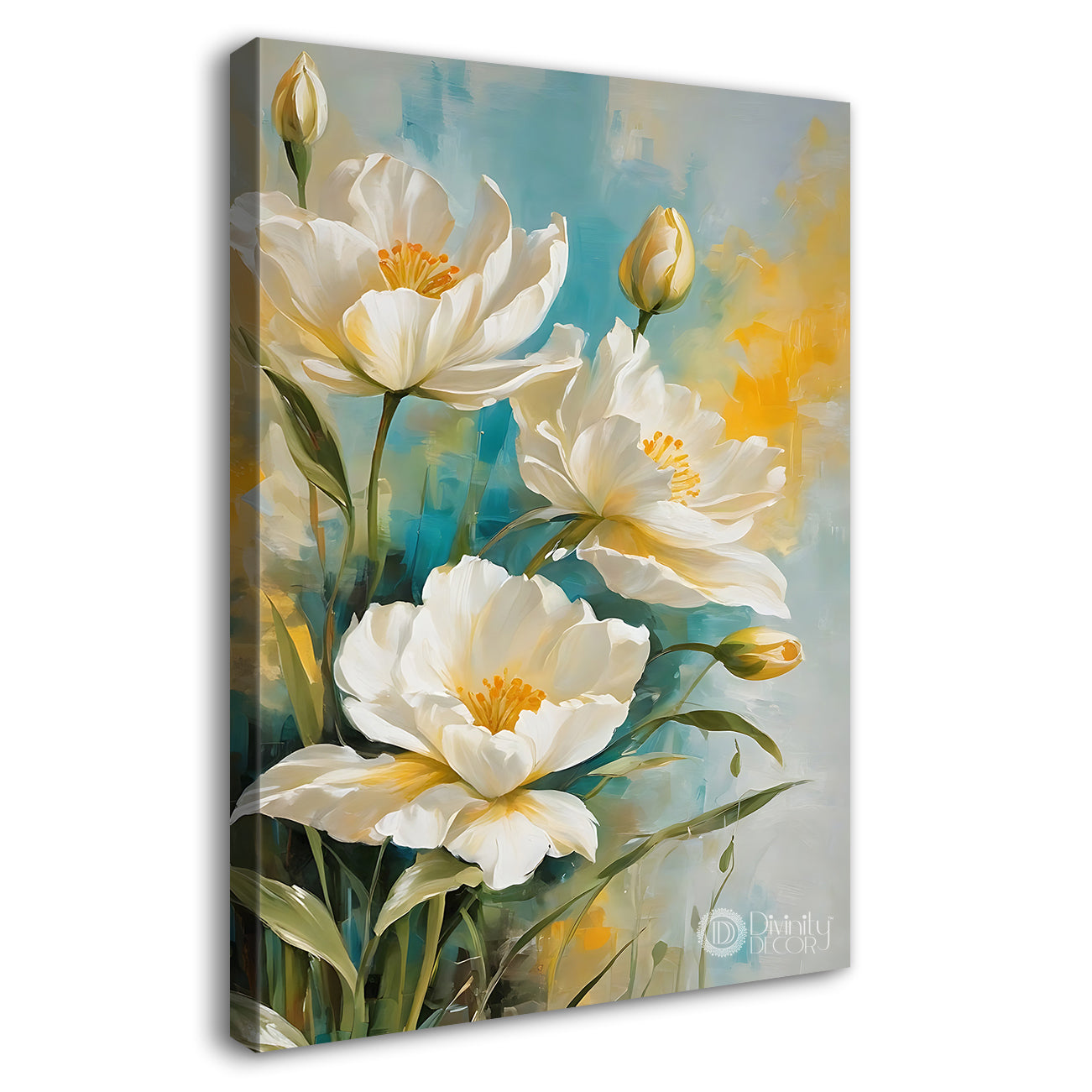 White flowers in yellow and blue textured painting - Flower-V-636