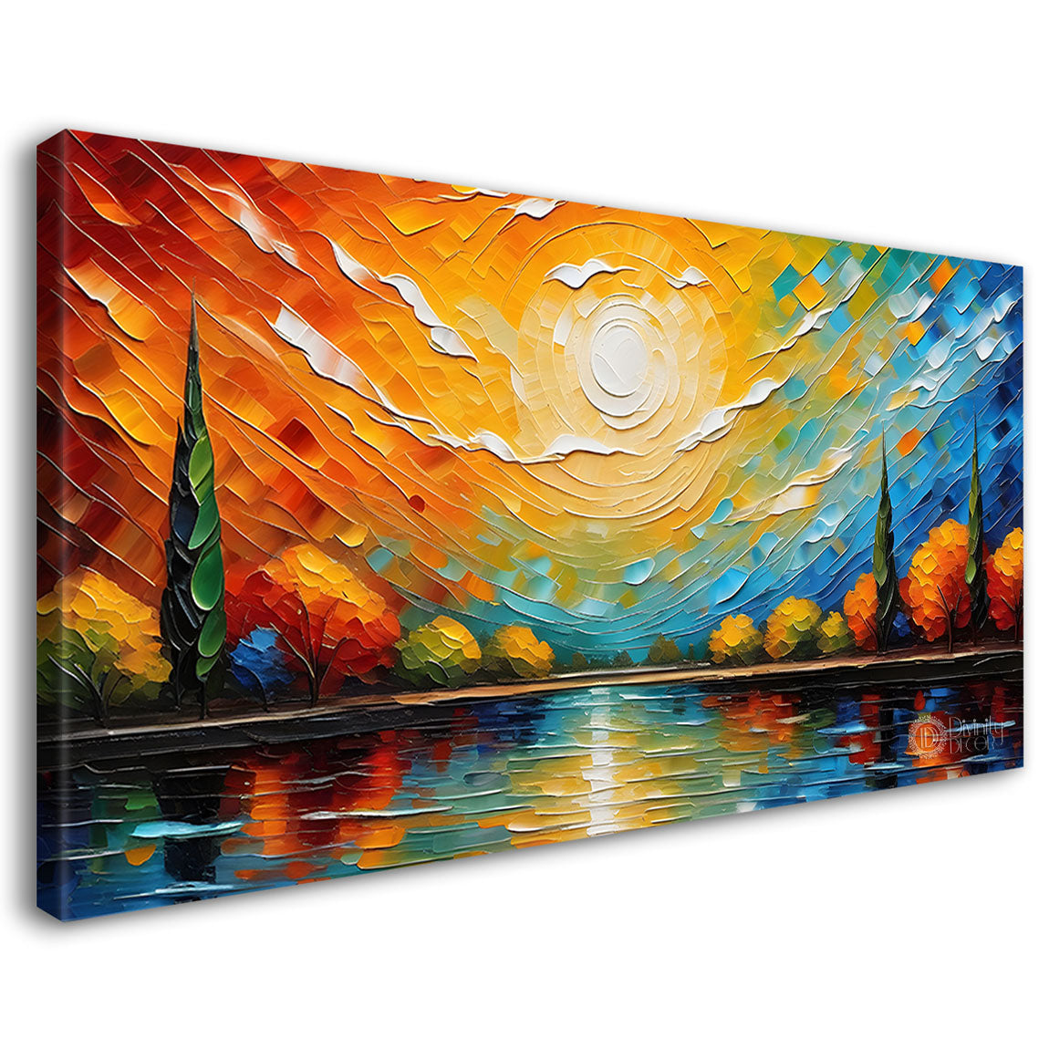 Trees with colorful sky and lake painting Canvas Painting - Nature Art -637