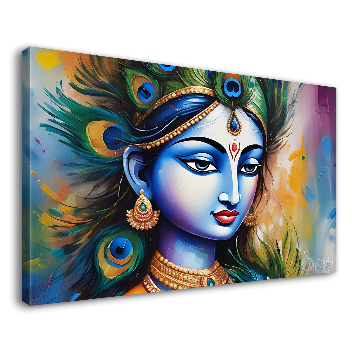 Blue face of Krishna with peacock feathers painting Canvas Painting - Design - Krishna-63