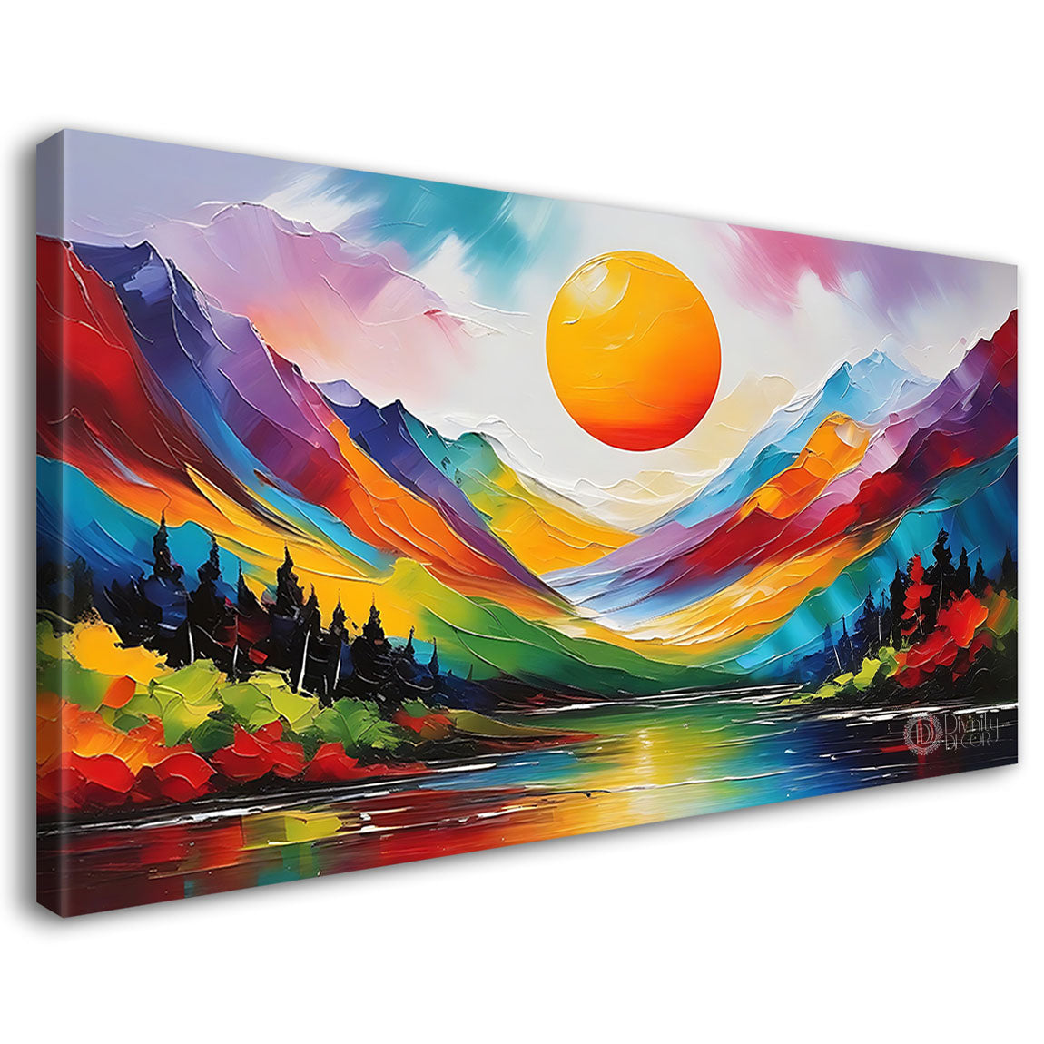 Colorful mountains with sun and lake in textured natural art Canvas Painting - Nature Art -63
