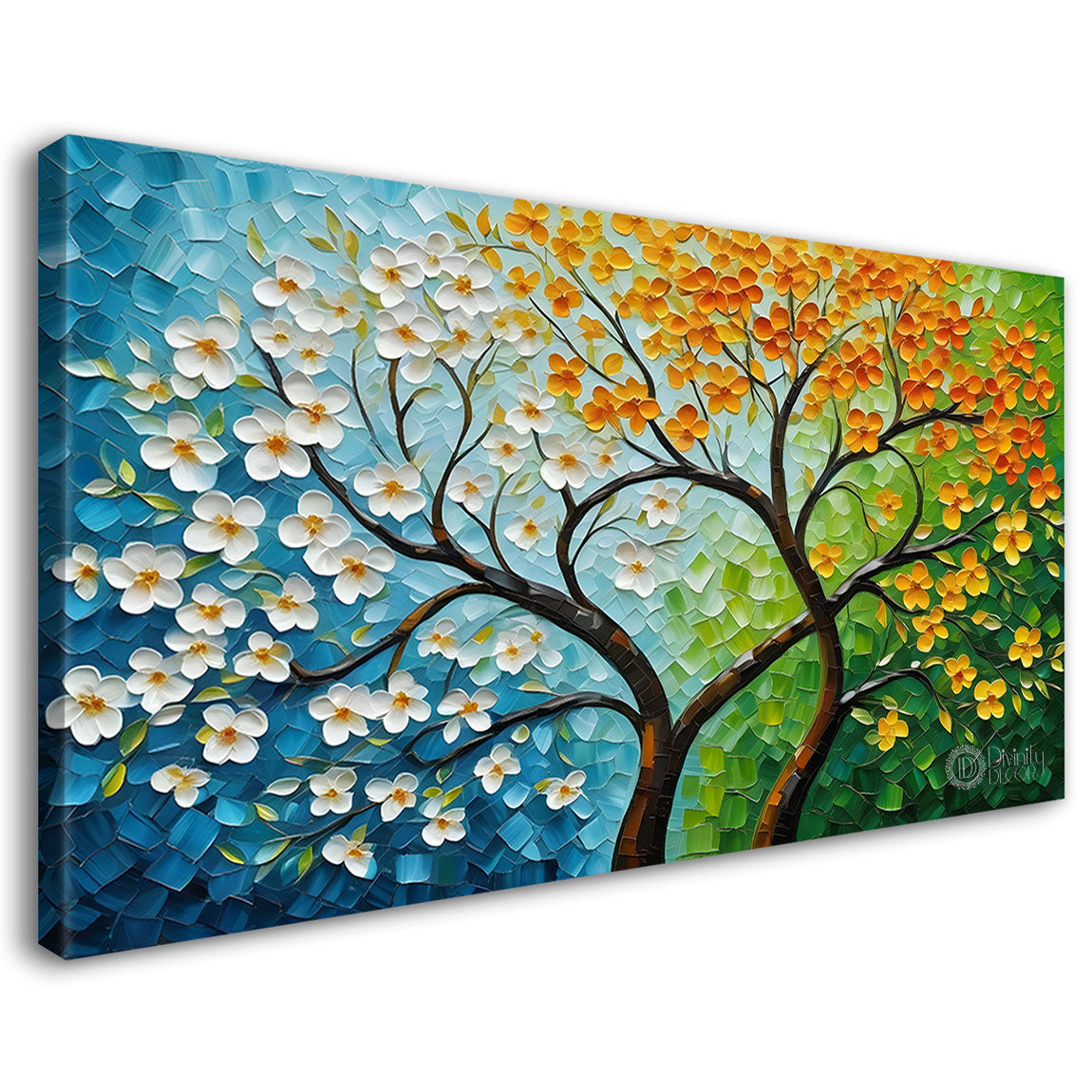 White flower tree in textured background oil painting Canvas Painting - Design - Tree-63