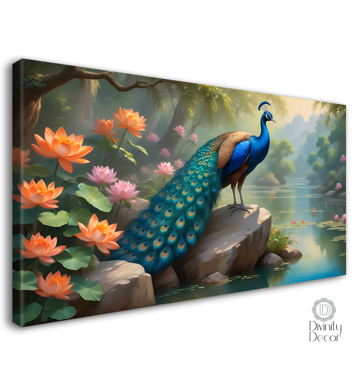 Peacock with pond and lotus on bright textured art. - Design - Animal -63