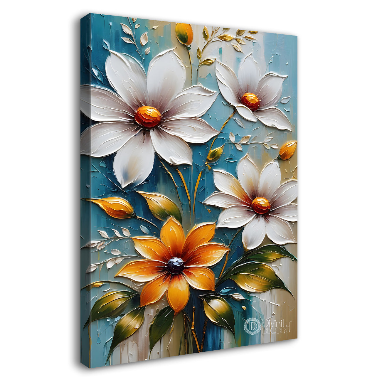Orange and white flowers in blue textured background painting - Flower-V-63