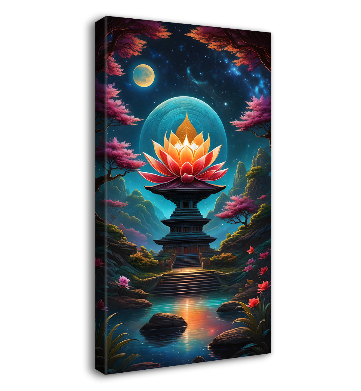 Lotus on temple with lake and colourful background textured painting Canvas Painting - Nature Art -V-63