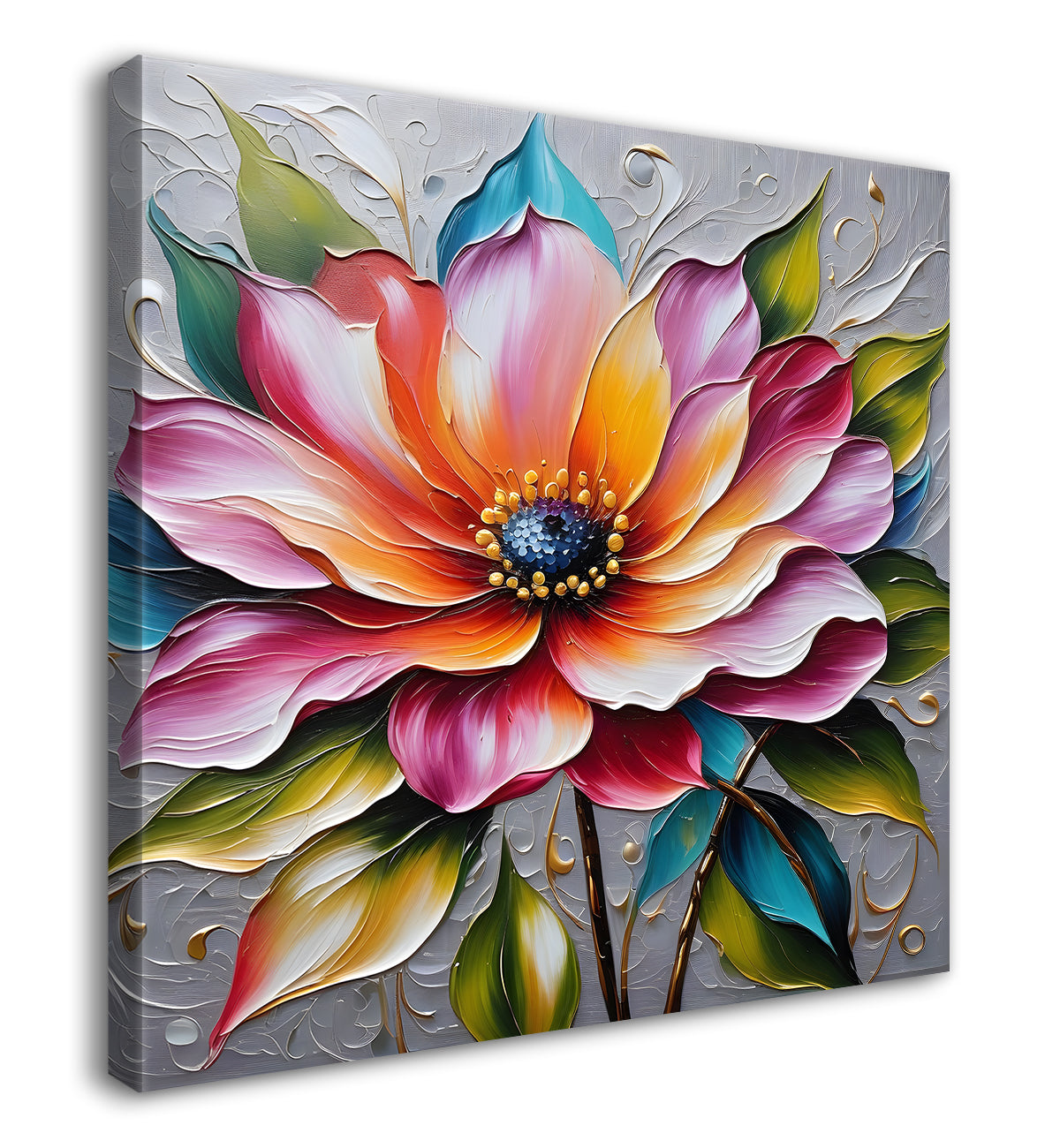 Pink flowers in grey background textured painting  - Flower-S-63