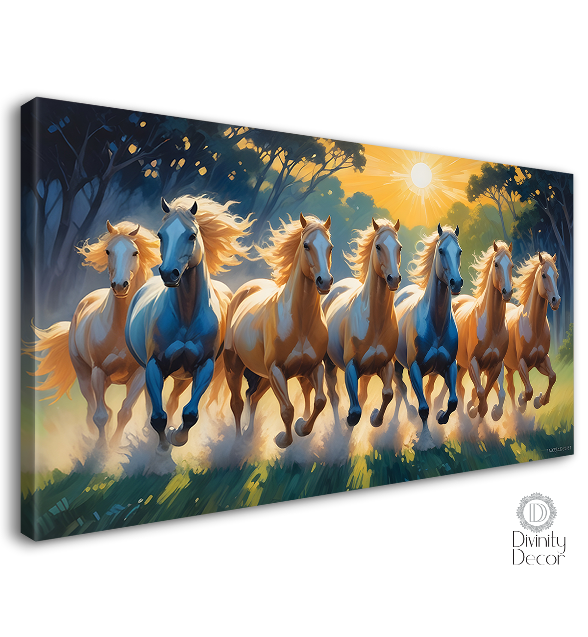 Brown running horses on the grass with trees and sun textured background art Canvas Painting - Design - Horse-64