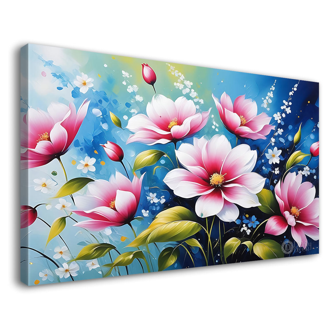 Pink flowers in sky blue background canvas painting- Flower-641