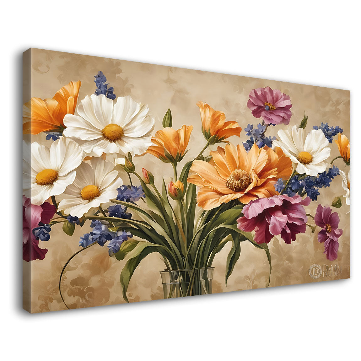 White yellow flowers in light brown background canvas painting- Flower-642
