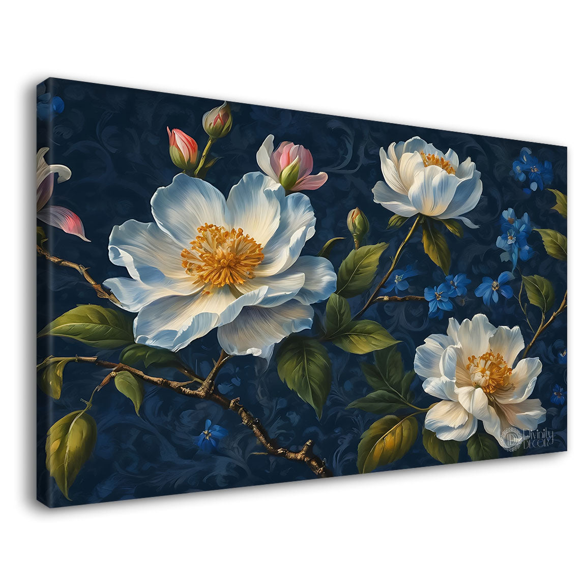 White flowers in navy blue background canvas painting- Flower-643