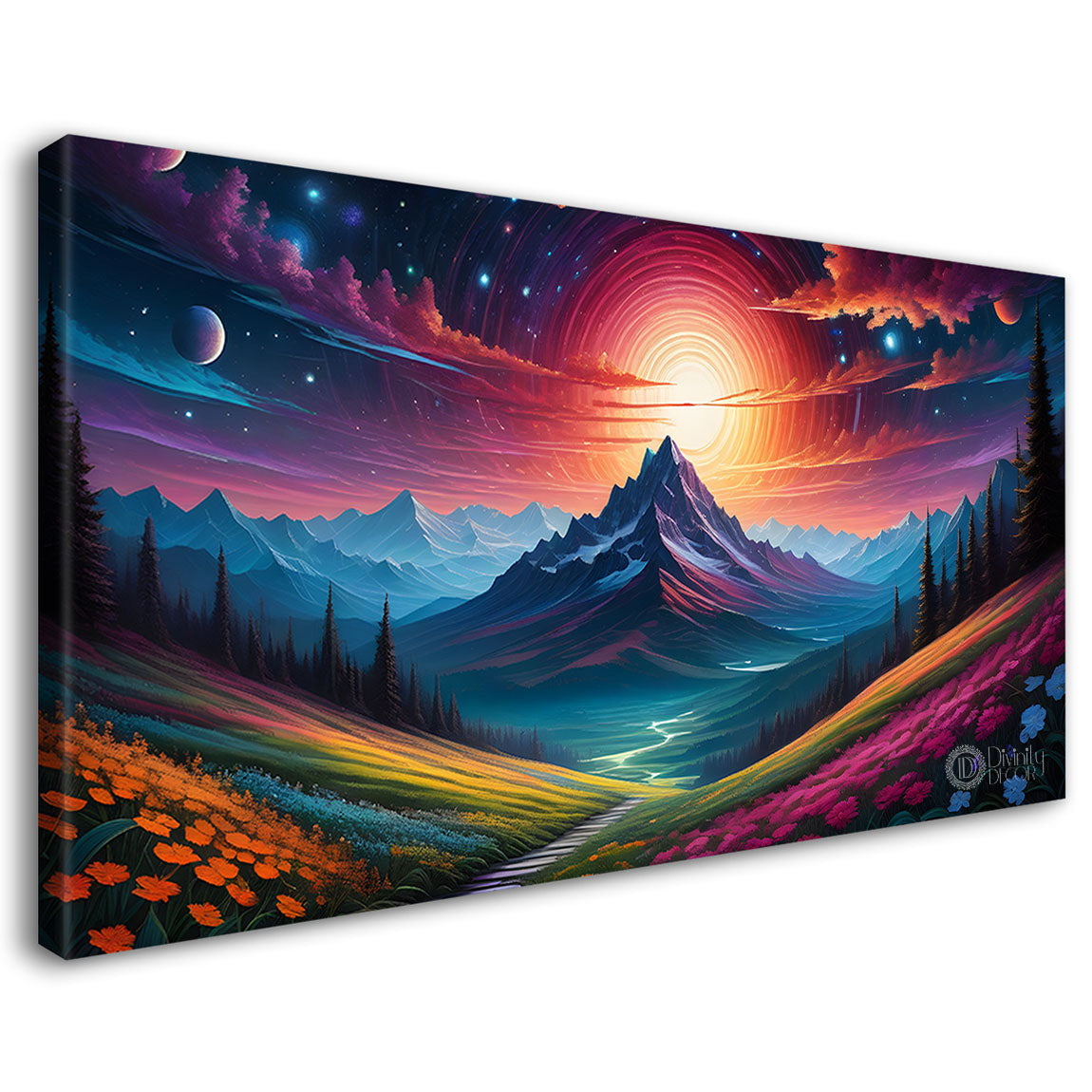 Mountains with sun in dark background painting Canvas Painting - Nature Art -643