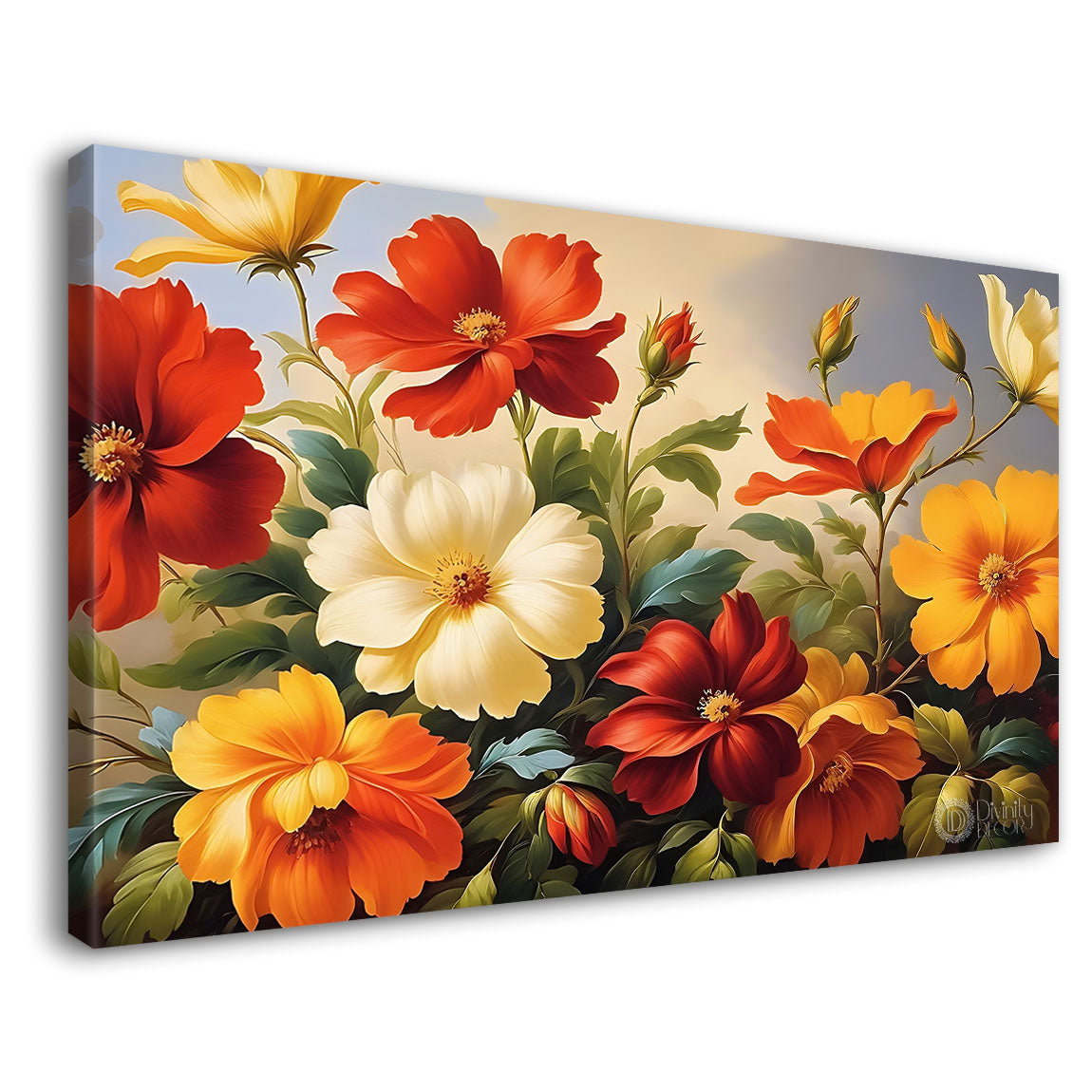 Colorful flowers in grey background canvas painting- Flower-644