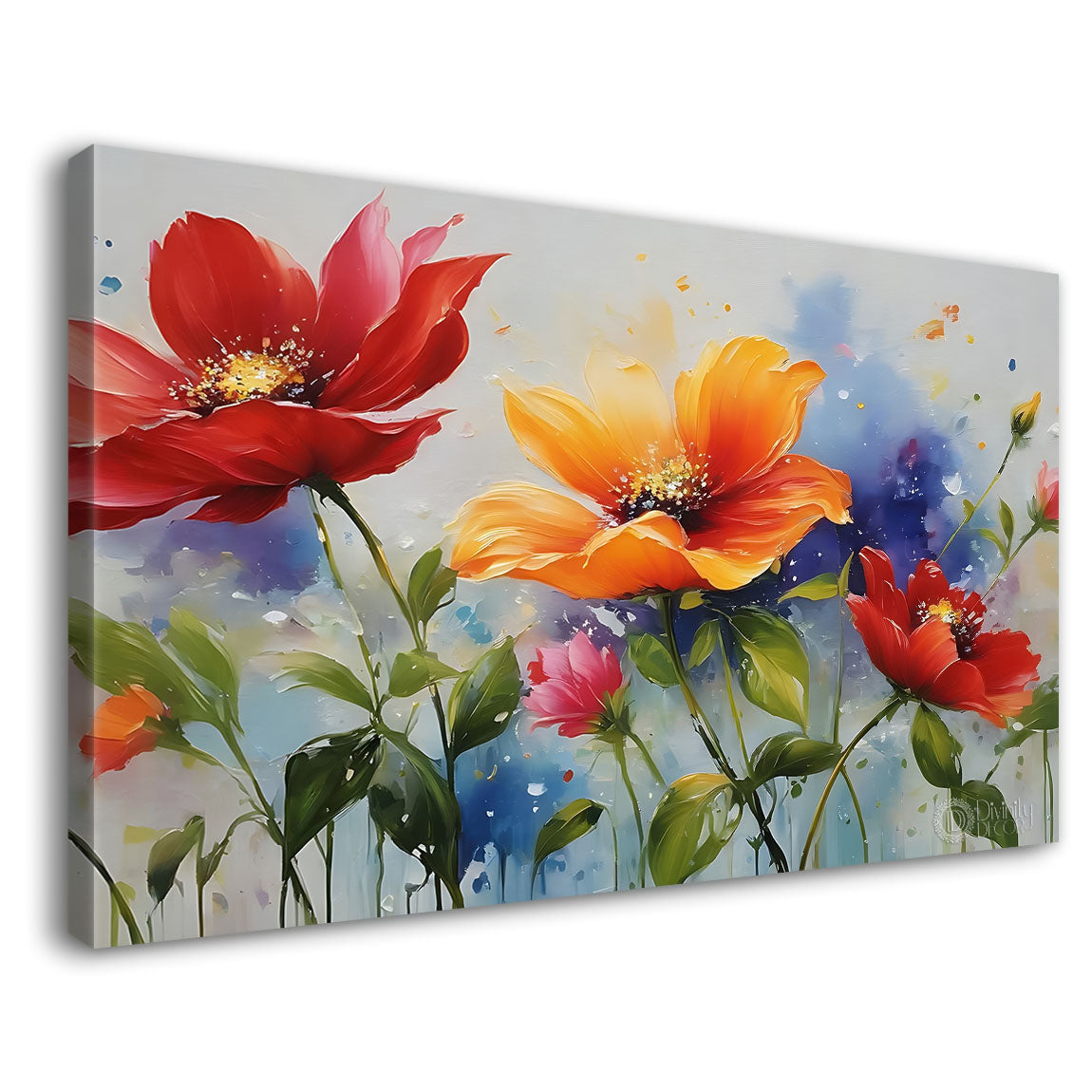 Colorful flowers in grey background canvas painting- Flower-645