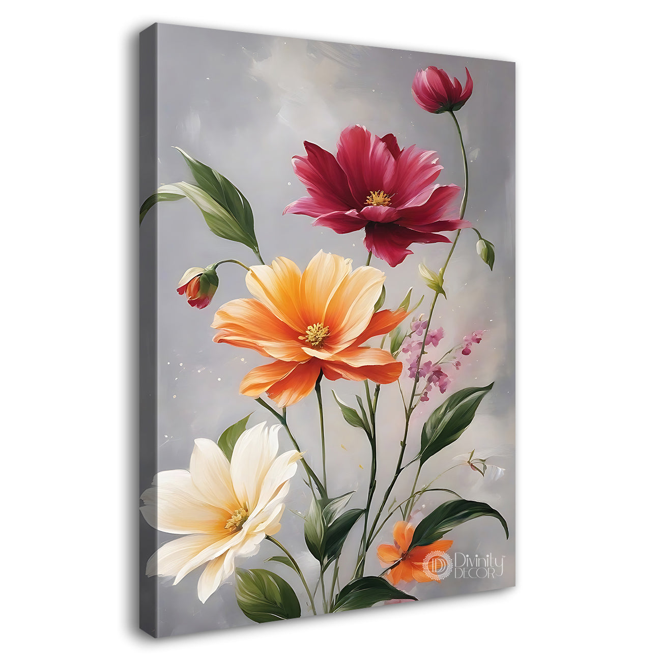 Colourful flowers in grey textured background painting - Flower-V-645