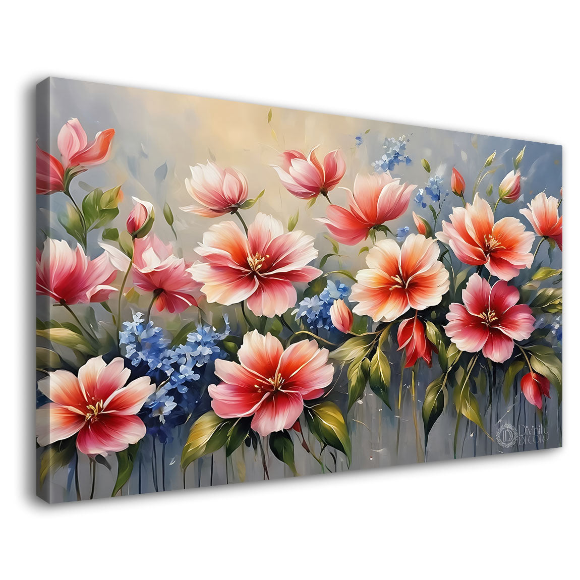 Pink flowers in grey background canvas painting- Flower-646