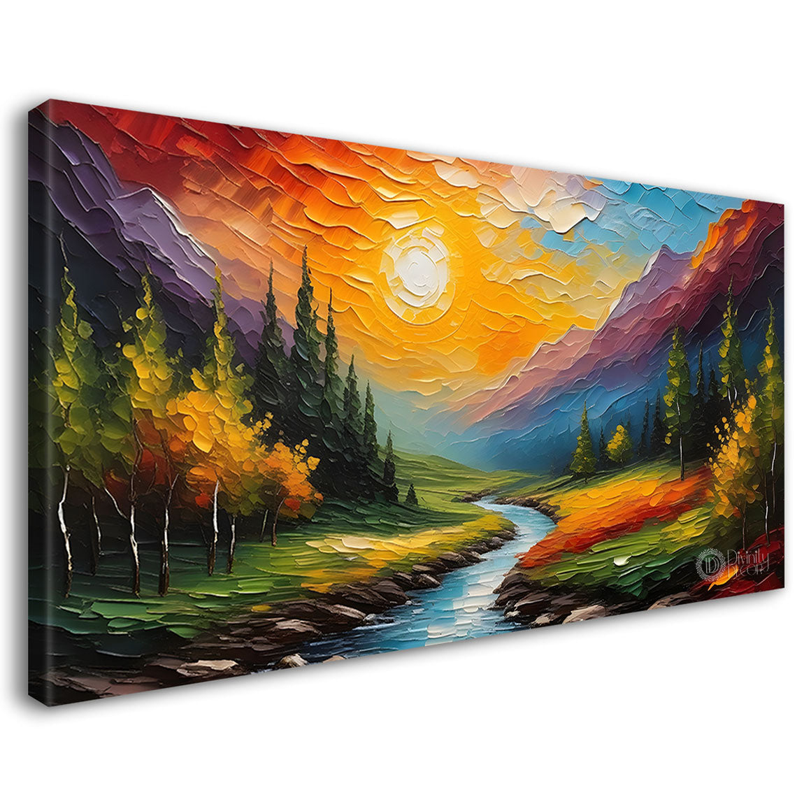 Mountains with trees and lake with sun painting Canvas Painting - Nature Art -646