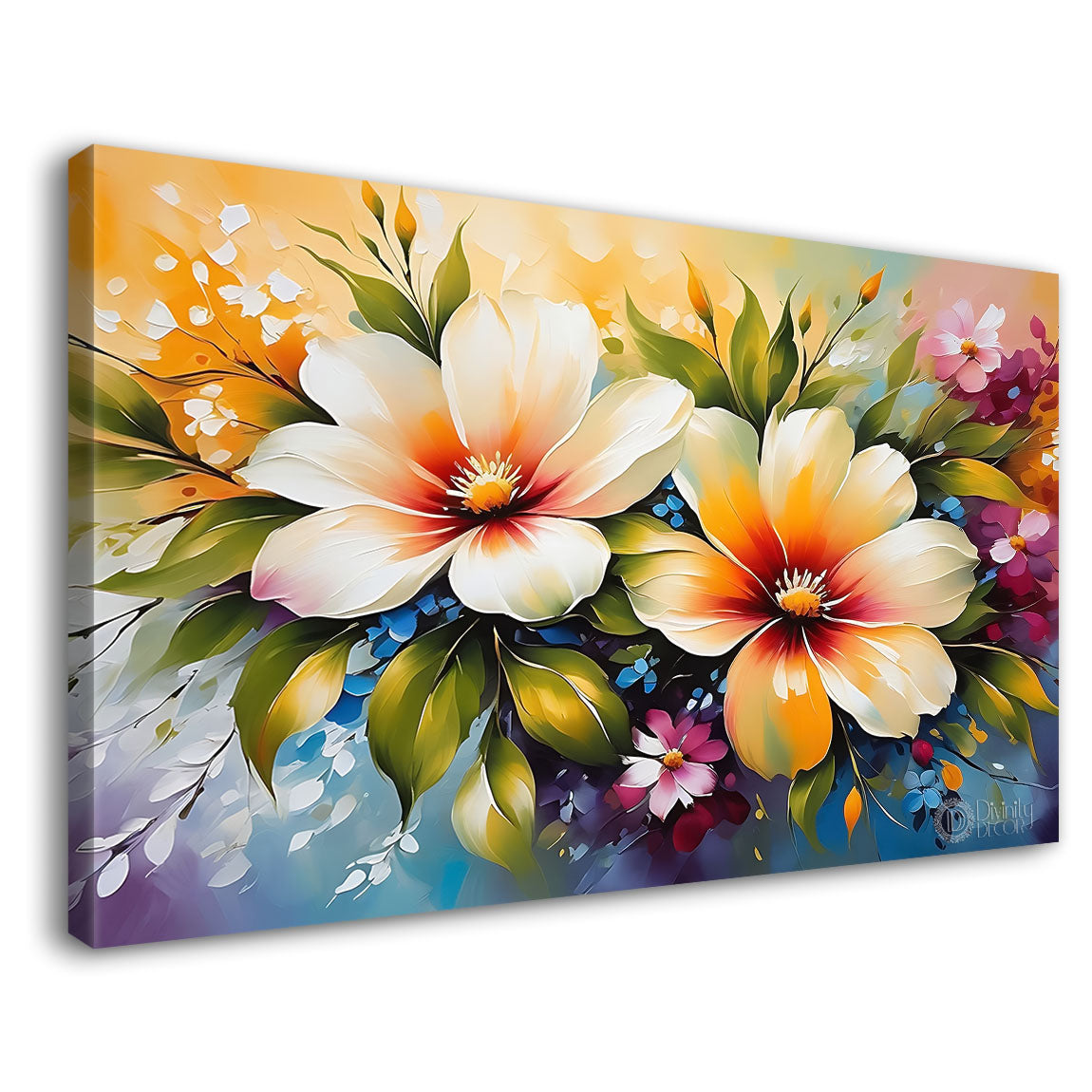 White flowers in sky blue background canvas painting- Flower-647