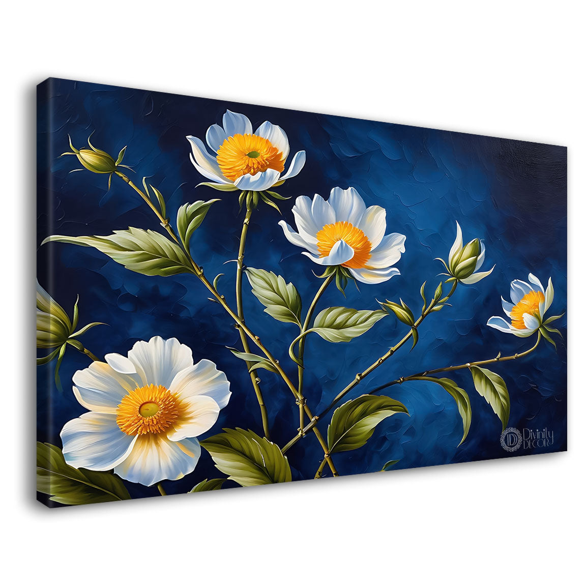 White flowers in navy blue background canvas painting- Flower-648