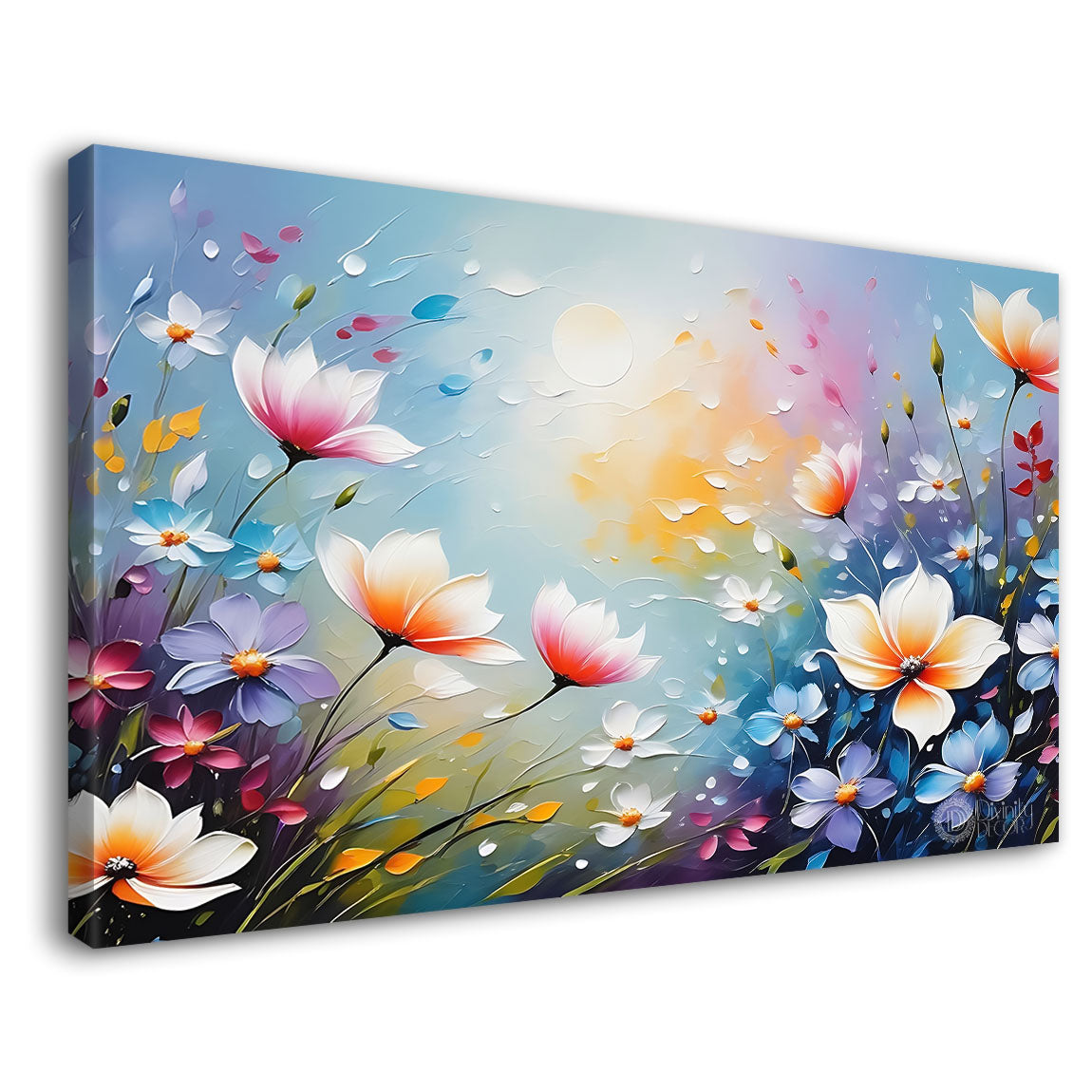 White flowers in sky blue background canvas painting- Flower-649