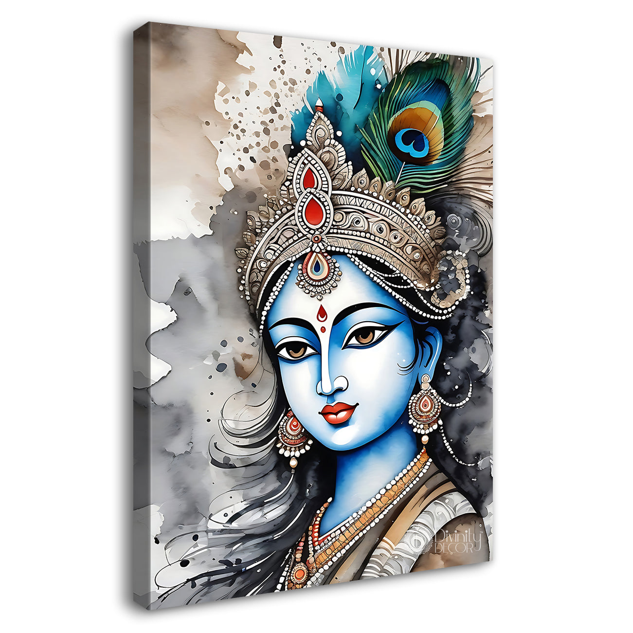 Blue face of krishna in grey and light brown water colour textured art Canvas Painting - Design - Krishna-V-64