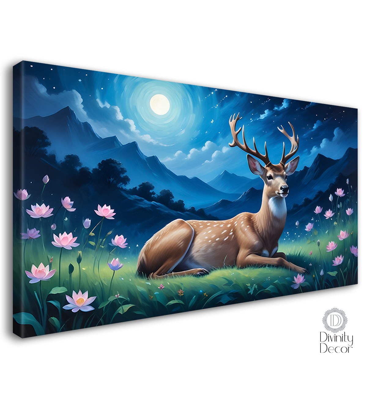 Deer with lotus and mountains in night background textured art.- Design - Animal -64