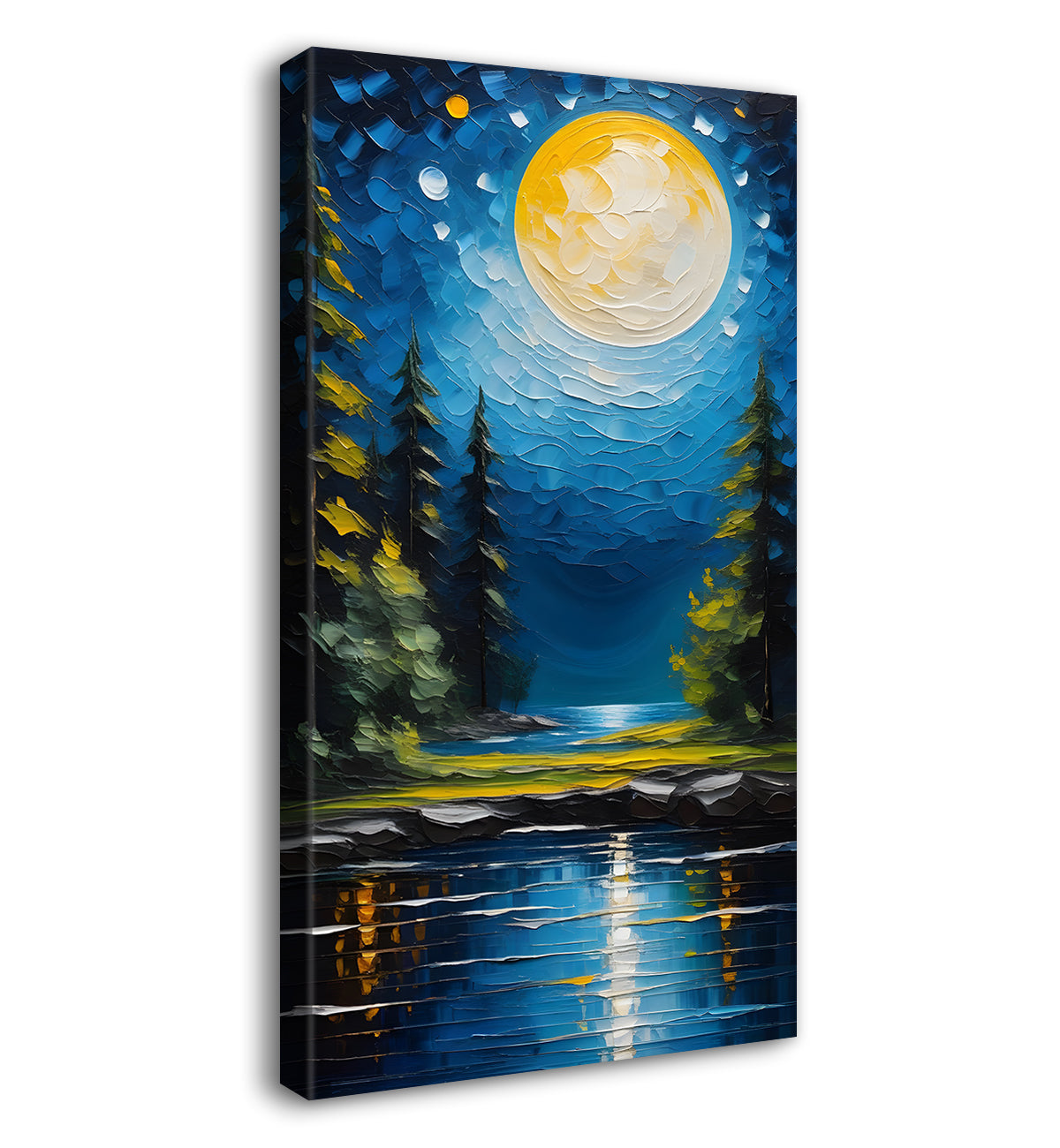 Trees with lake in night background textured oil painting Canvas Painting - Nature Art -V-64
