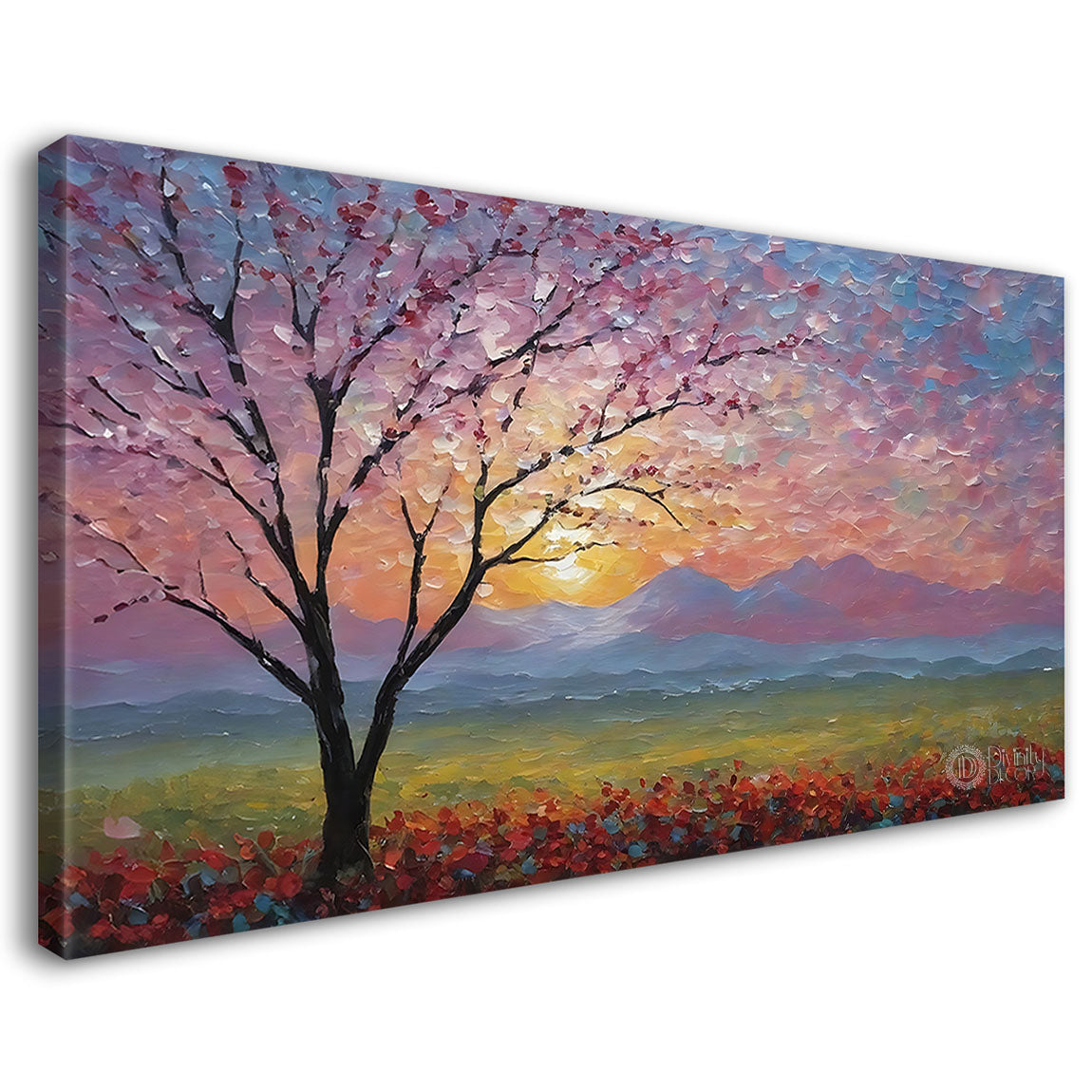 Tree with pink sky in textured natural art Canvas Painting - Nature Art -64