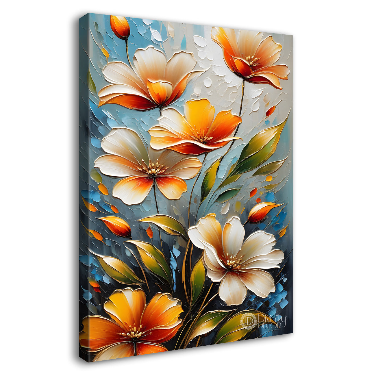 Orange and white flowers in blue textured background painting - Flower-V-64
