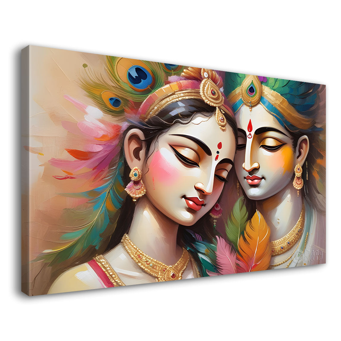 Radha and Krishna face in colorful feathers textured painting Canvas Painting - Design - Krishna-64