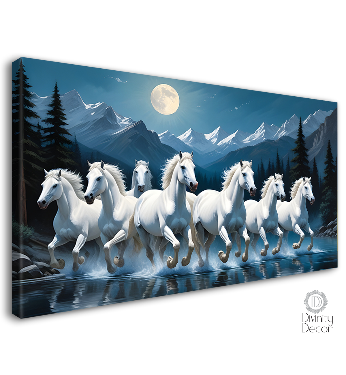 White running horses on the water with mountains and moon in blue textured background art Canvas Painting - Design - Horse-65