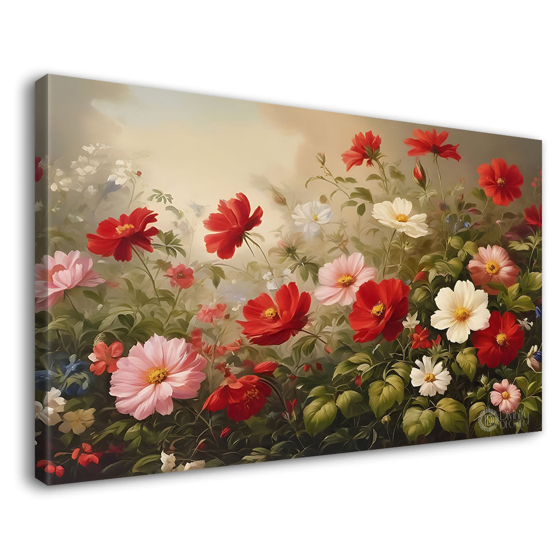 Red and pink flowers in light brown background canvas painting- Flower-651