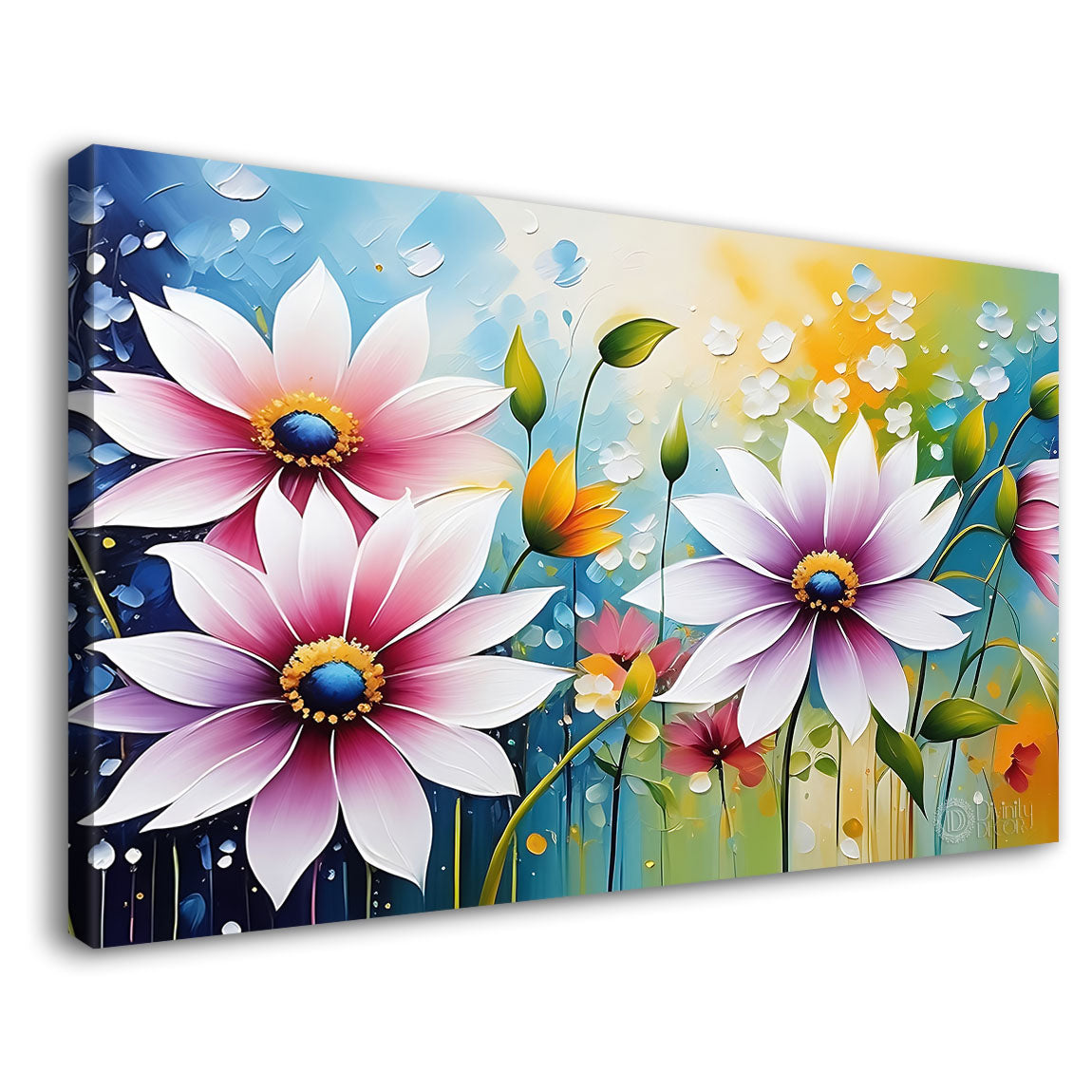 Pink flowers in sky blue background canvas painting- Flower-652
