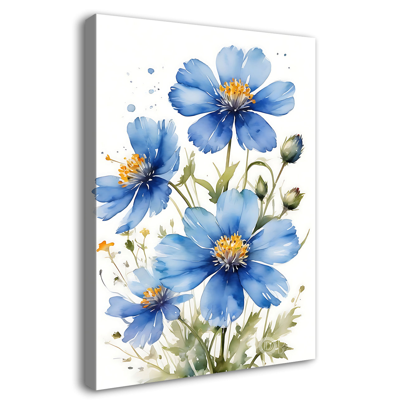 Blue flowers in white textured background painting - Flower-V-652