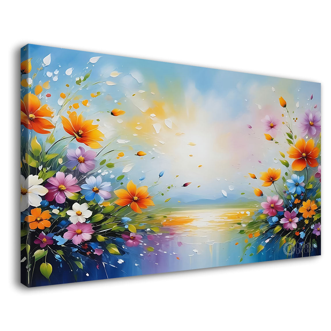 Colorful flowers with sea in sky blue background canvas painting- Flower-653