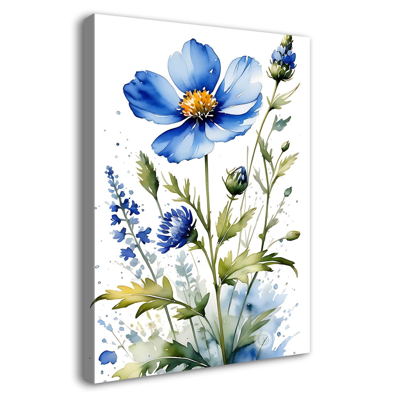 Blue flowers in white textured background painting - Flower-V-653
