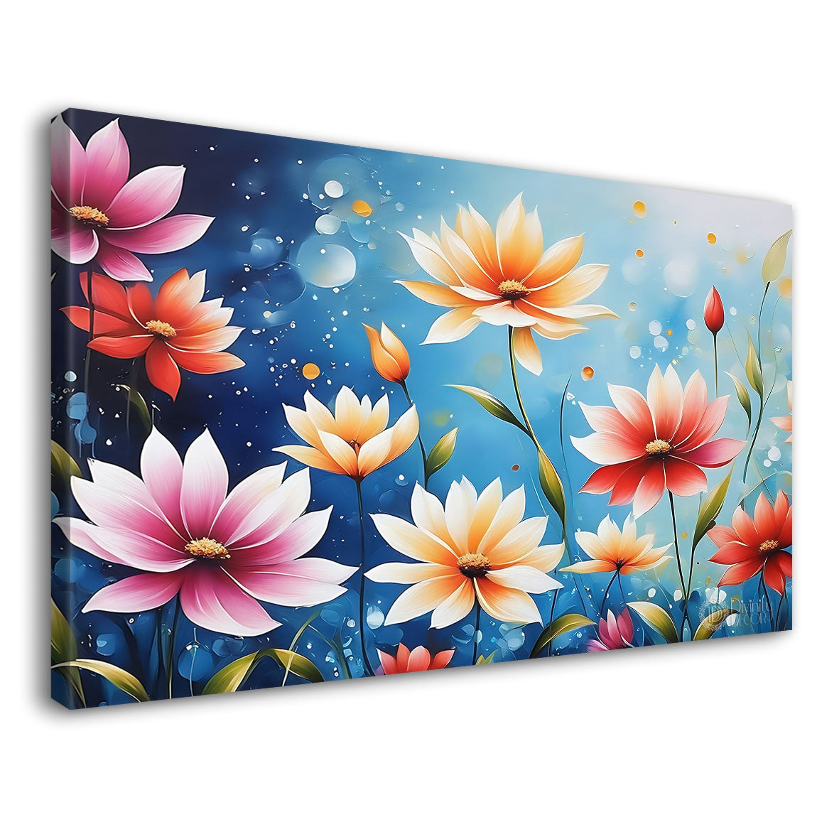 Pink and white flowers in sky blue background canvas painting- Flower-654