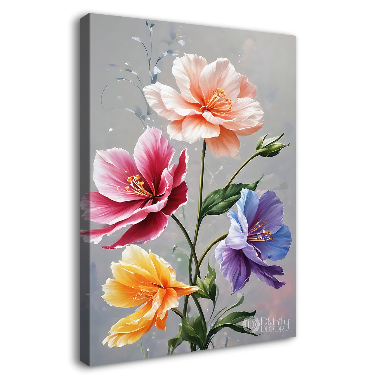 Colourful flowers in grey textured background painting - Flower-V-656