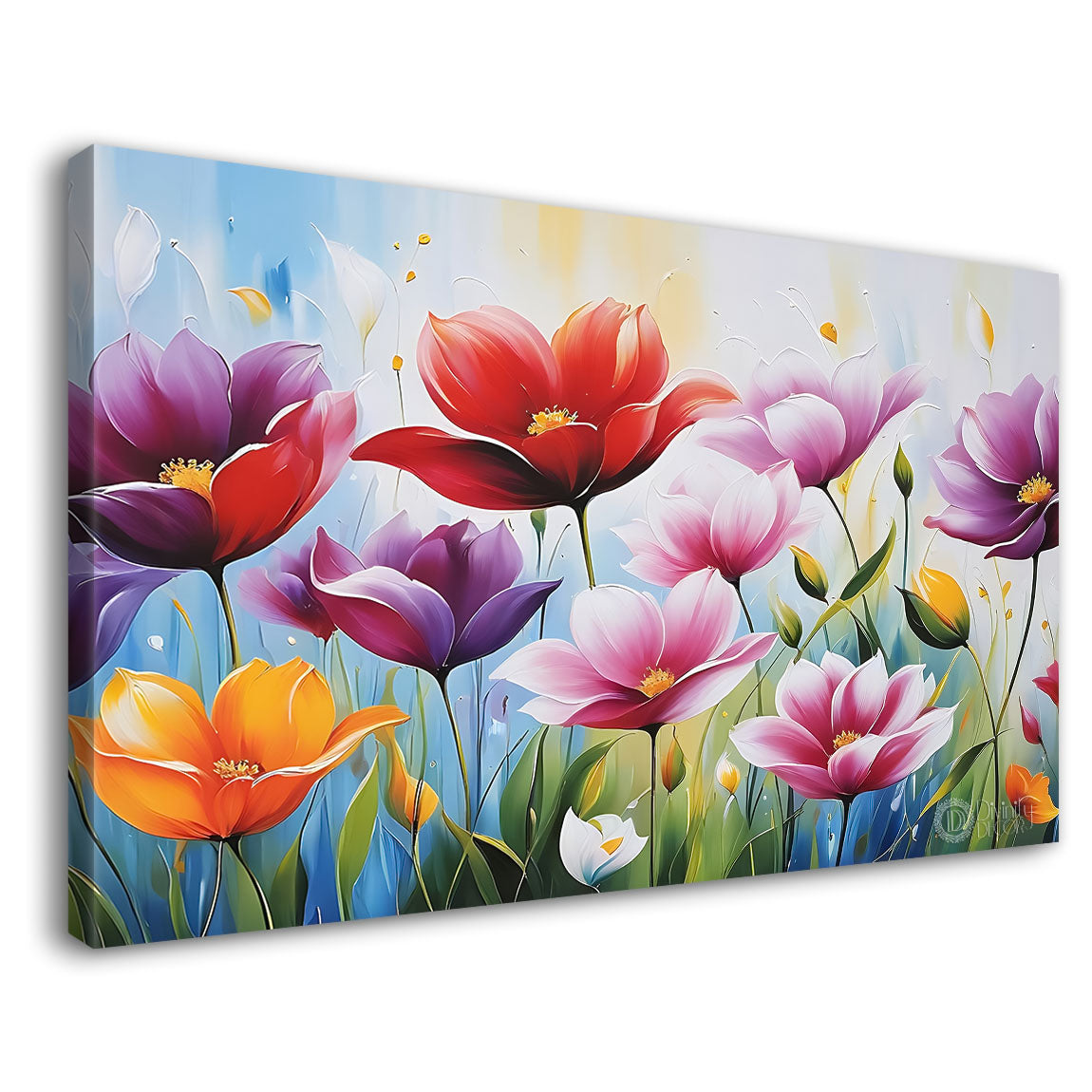 Colorful flowers in sky blue background canvas painting- Flower-657