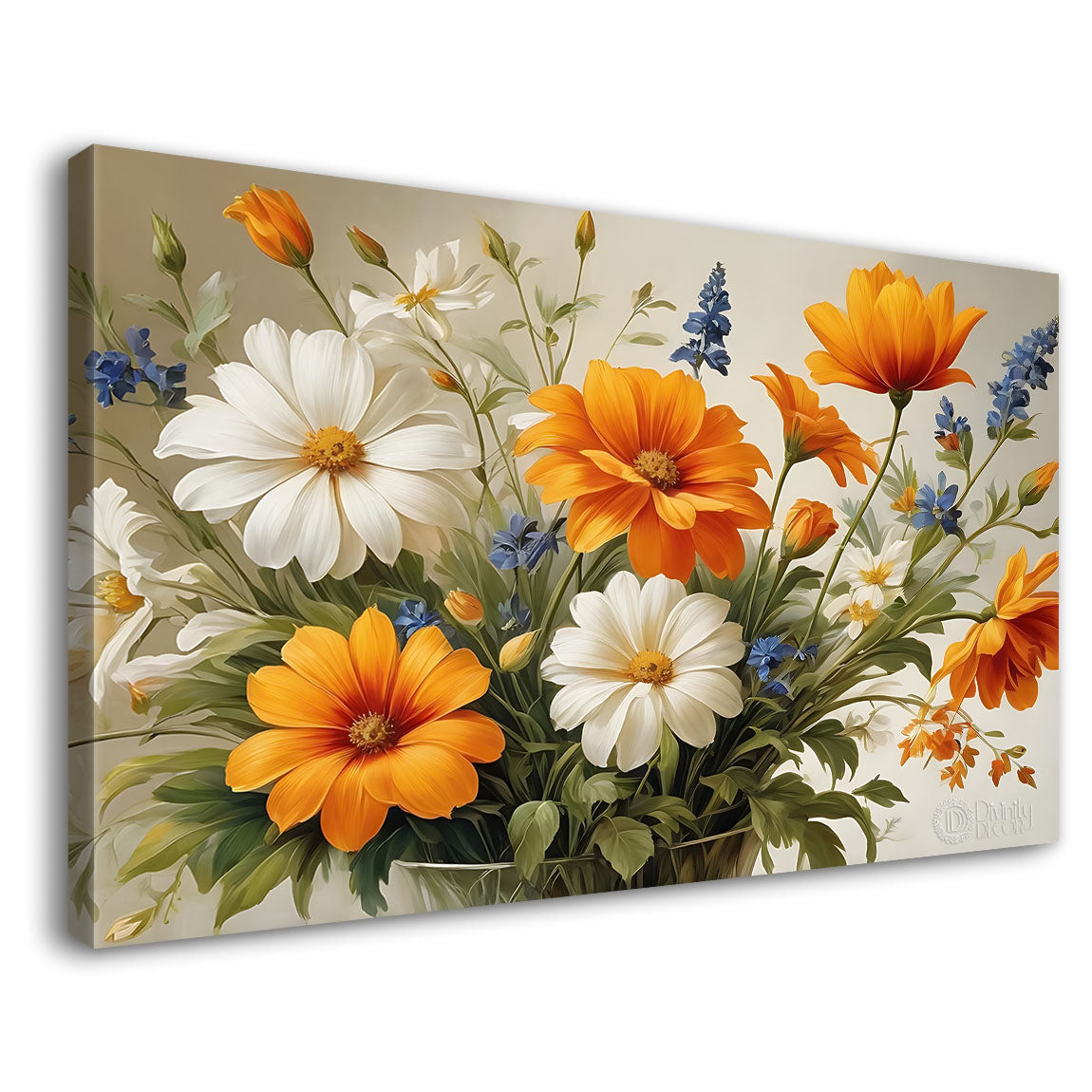 White and orange flowers in light background canvas painting- Flower-658