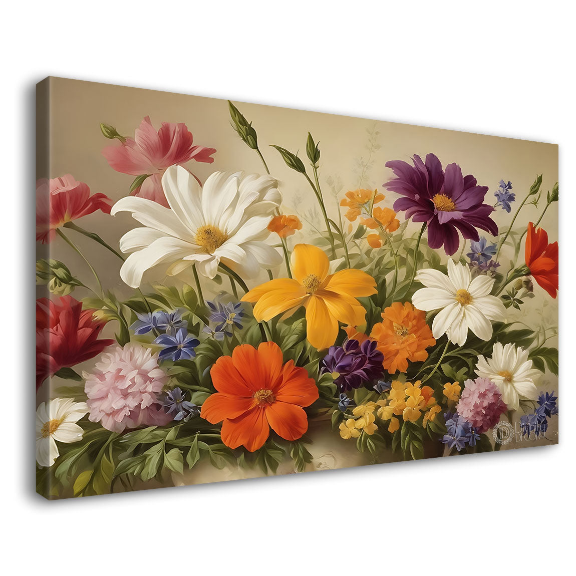 Colorful flowers in light brown background canvas painting- Flower-659