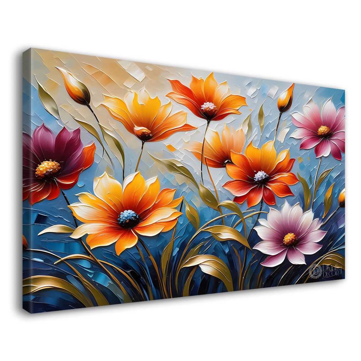 Colorful flowers with blue textured background painting- Design - Flower-65